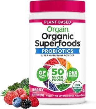 Orgain Organic Greens Powder + 50 Superfoods, Berry - 1 Billion Probiotics for Digestive Health, Antioxidants, Vegan, Plant-Based, Gluten-Free, Non-GMO, Green Juice & Smoothie Drink Mix - 0.62lb